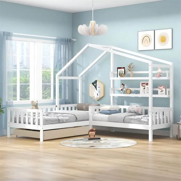 Lit cabane enfant - DREAMMESPACE - 90x200 cm - avec tiroirs et étagères - cadre en L - bois massif blanc-1