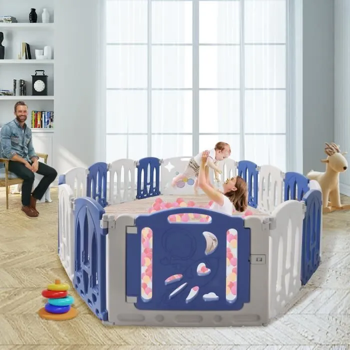 UISEBRT Clôture de Jeu en Plastique avec Porte et Planche à Jouets, Grille de Protection pour Enfants (16 Panneaux, Bleu + Blanc)-2