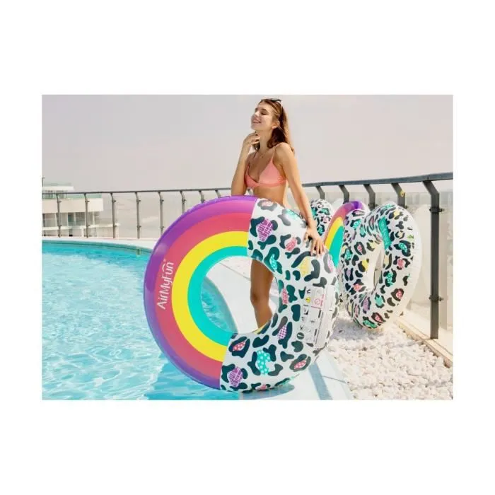 Bouée Gonflable Ronde XXL pour Piscine & Plage - Arc-En-Ciel Et Léopard ø120cm-2