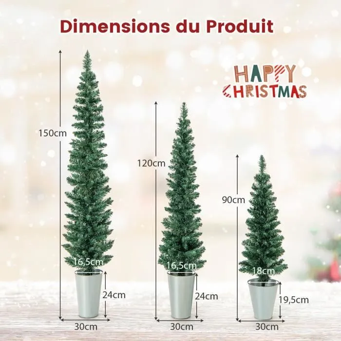 COSTWAY Lot de 3 Sapins de Noël Artificiels 90-120-150 CM avec 120-140-160 Pointes de Branches en PVC, Bases Métalliques avec Ciment-3
