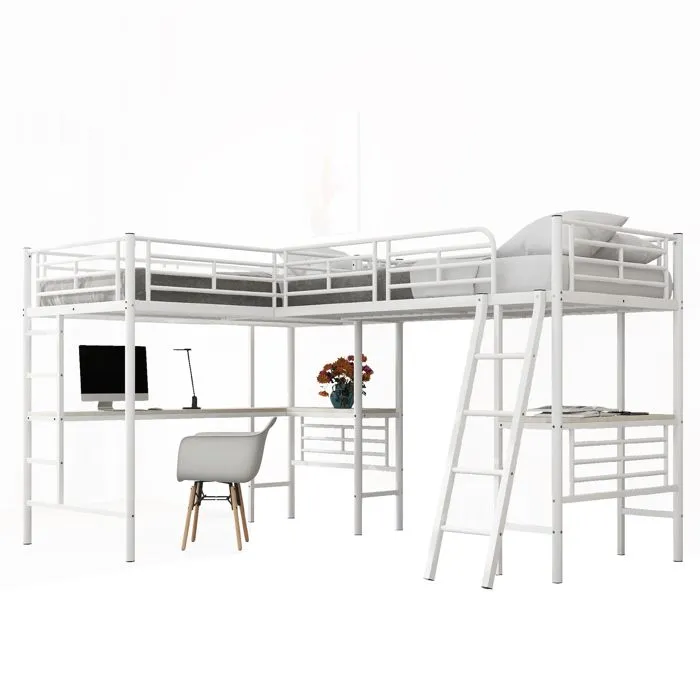 Lit mezzanine - Blanc - 90x200 cm - Métal - Bureau d'angle - 2 places-3