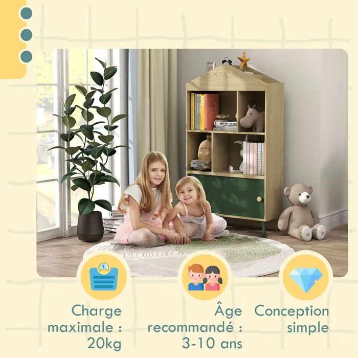 Bibliothèque et meuble de rangement - AIYAPLAY - jouets pour enfants, 4 étagères et placard porte coulissante, design - vert-5