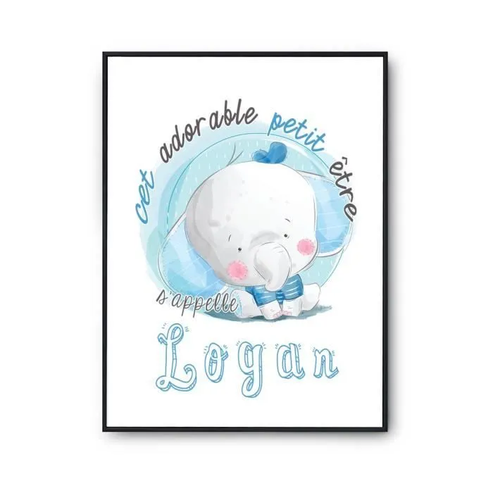 Affiche bébé prénom Logan Éléphant | Poster pour chambre bébé et enfant pour décoration murale qualité papier Premium A4-0