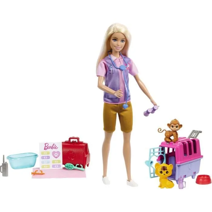 Barbie-Sauvetage d’Animaux-Coffret poupée blonde et accessoires HRG50-2