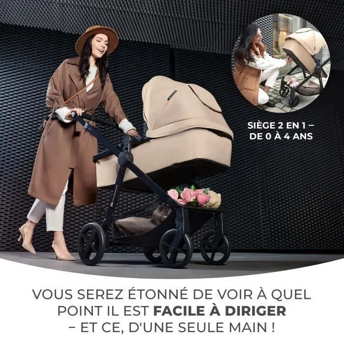 Poussette 3 en 1 Combinée - KINDERKRAFT NEWLY - avec Siège auto I-size - Système de voyage - Légère 7,5 kg - Plie - Gris-1