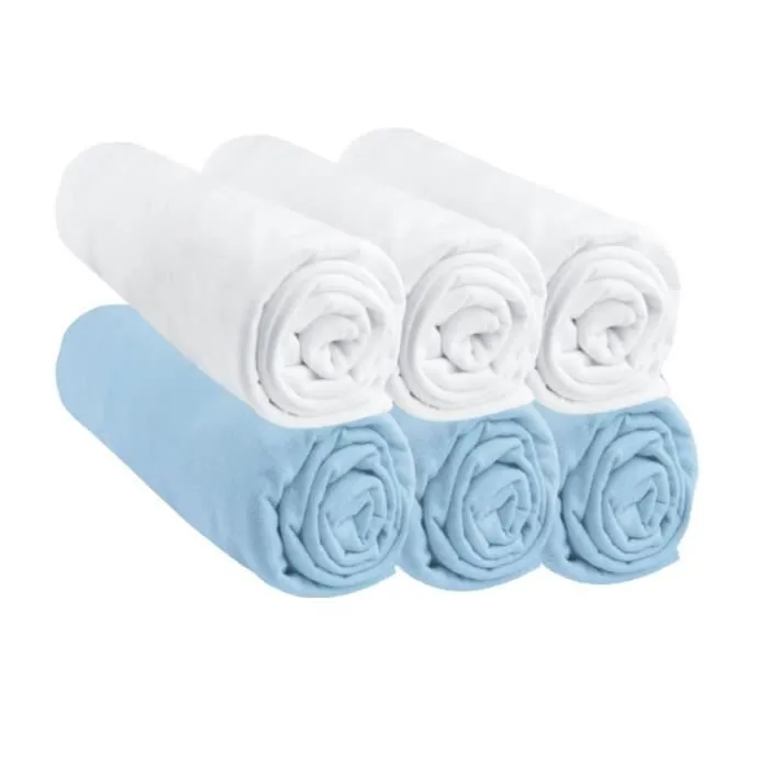 Drap housse 60x120 cm Lit Bébé Lit Parapluie| 3 Bleus + 3 Blancs | Lot de 6 draps | Coton | Certifié Oeko Tex | Fabriqué en Europe |-0