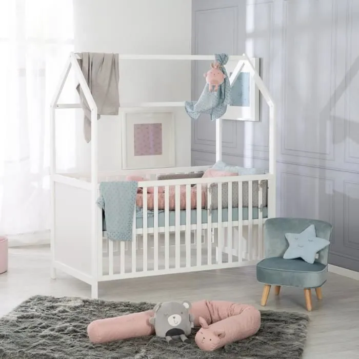 ROBA Lit Cabane Bébé Évolutif 70x140 cm - Convertible en Lit Junior et en Banc - Hauteur Réglable - Bois Laqué Blanc-1