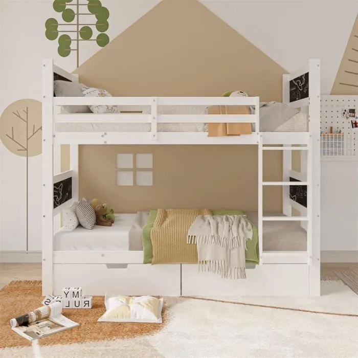 Lit superposé - Enfant - 90x200cm - Blanc - Échelle à angle droit - 2 tiroirs de rangement-0
