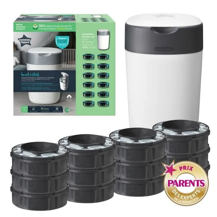 TOMMEE TIPPEE Poubelle à Couches Twist & Click, Starter Pack, Protection Anti-Odeur Et Anti-Germe Garantie, Lot de 12-1