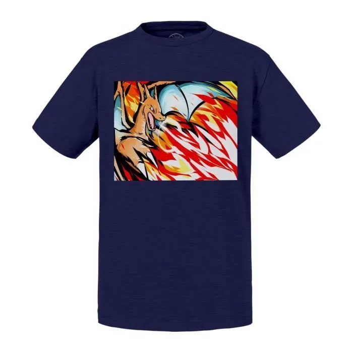 T-shirt Enfant Bleu Pokemon Dragon Feu Dracofeu Charizard-0