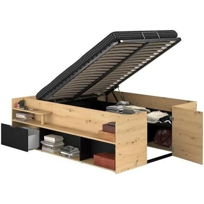 ODYSSEE Lit coffre adulte - 140x190/200 cm - Avec coffre relevable - Décor chêne et noir - 166,2 x 66,5 x 205,8 cm-0