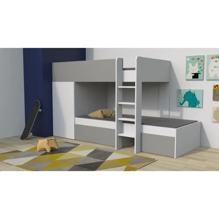 WEBER Lit superposé enfant contemporain blanc et gris - l 90 x L 190 cm - TWIN-1