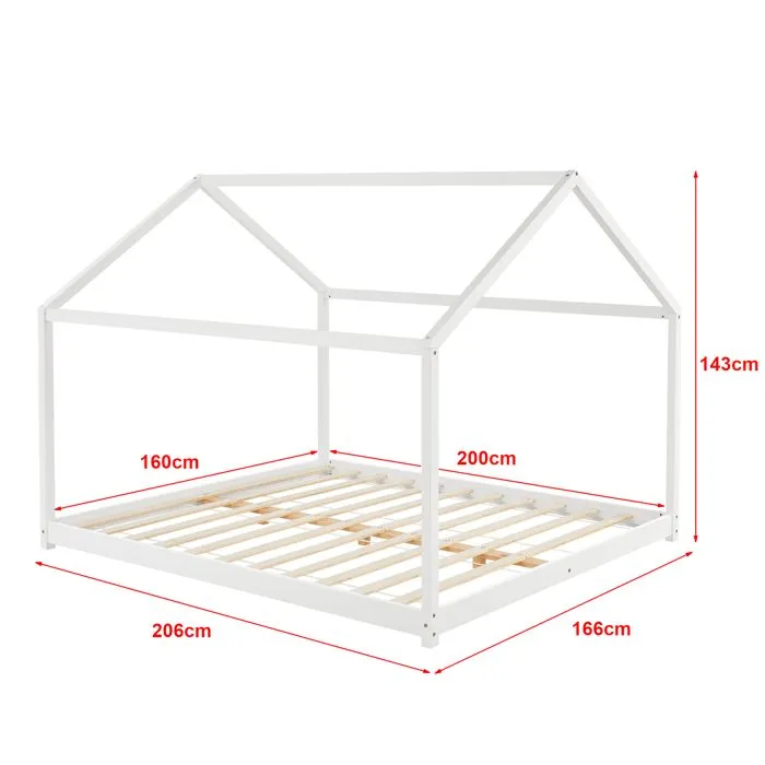 Lit cabane pour enfant Cerro avec sommier à lattes matelas 200 x 160 cm pin blanc mat laqué [en.casa]-2