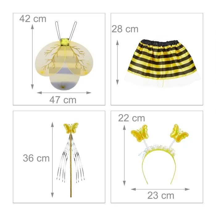 Costume d'abeille pour enfants - Relaxdays - Ailes, serre-tête, jupe & baguette magique - Noir-jaune-3