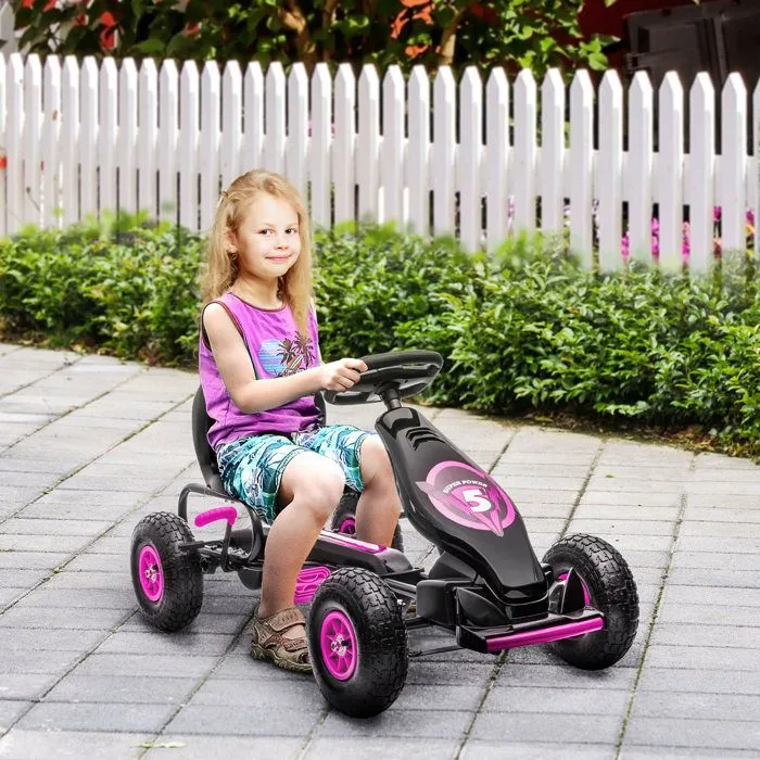 Kart à pédales pour enfant HOMCOM Go-kart siège réglable 3 positions frein à main pneus antidérapant enfant de 5 à 12 ans rose noir-1