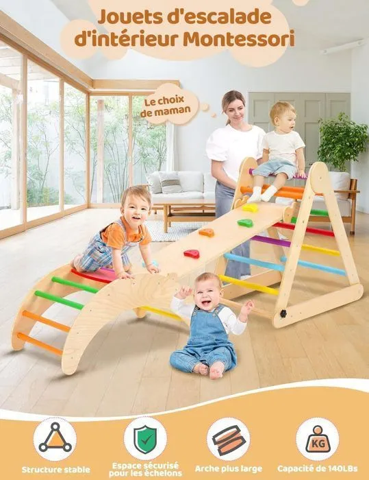 Triangle d'escalade - Montessori - 7 en 1 - Bois naturel - 12 mois+ - Multicolore-4