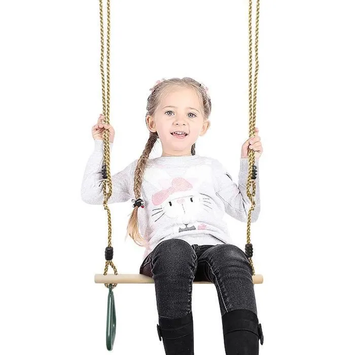 Trapèze en Bois - LEOGREEN - Balançoire avec Anneaux de Gymnastique - Vert - 200 cm - Plastique (PP, PE), Bois-0