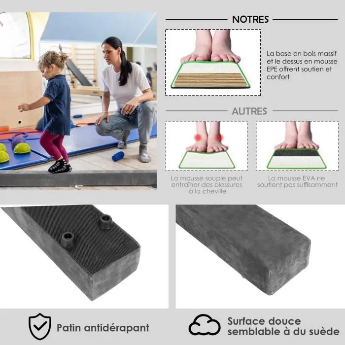 COSTWAY Poutre de Gymnastique Pliable 210cm pour Enfants avec Poignées de Transport 4 Patins Antidérapants Couverture en Daim Gris-2