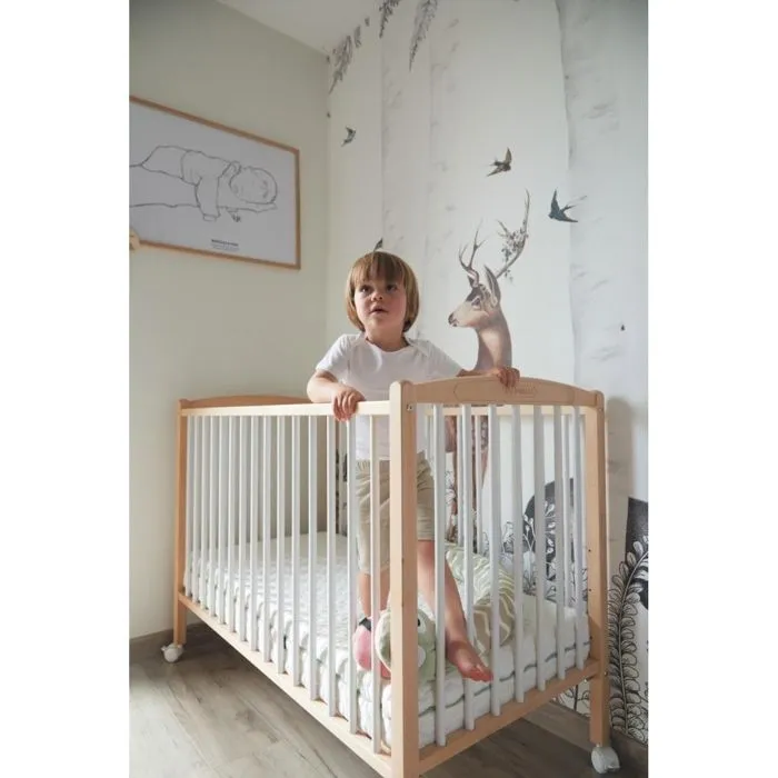 Lit bébé à barreaux Combelle - modèle Arthur bicolore blanc - hauteur de plancher réglable - roulettes-2