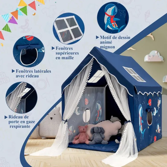 COSTWAY Tente de Jeux pour Enfants Intérieur, Cabane avec Fenêtres en Maille Respirante pour Enfants plus de 1 Ans Bleu-0