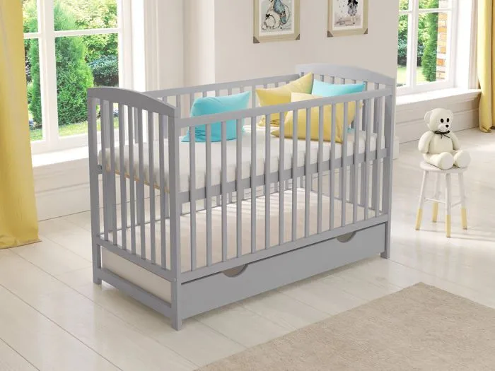 Lit bebe 120x60cm avec tiroir,Lit Bebe evolutif avec Matelas en Mousse,barrière de sécurité en Bois et Gaine protectrice, Gris-0