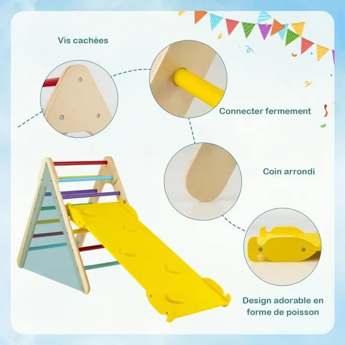 COSTWAY 3 en 1 Triangle d'Escalade Enfant en Bois, Rampe Double Face à Angle Réglable pour Grimper et Glisser, Multicolore-2