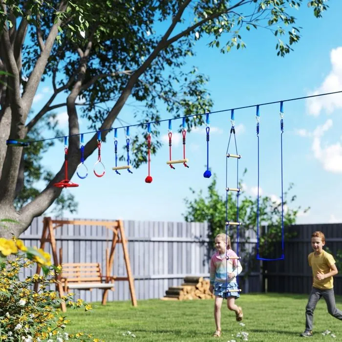 Parcours d'obstacles ninja pour enfants - AIYAPLAY - 10 accessoires - 10 m slackline et sac de transport - bleu-2