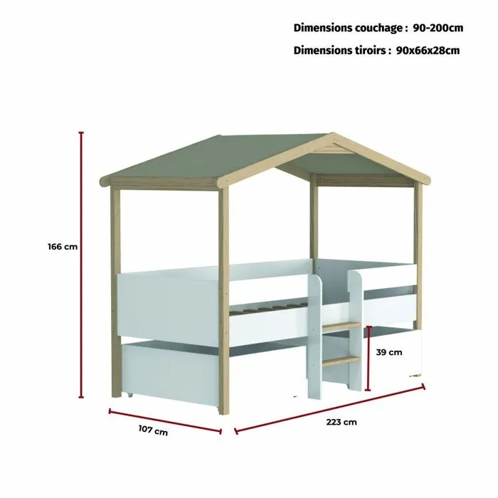 Lit cabane PILOTI 90x200 + 2 tiroirs + 1sommier / Blanc et naturel-2