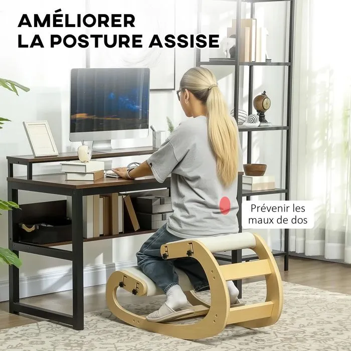 Siège assis genoux - HOMCOM - en bois - fonction à bascule - réglable pour bureau à domicile - crème-4