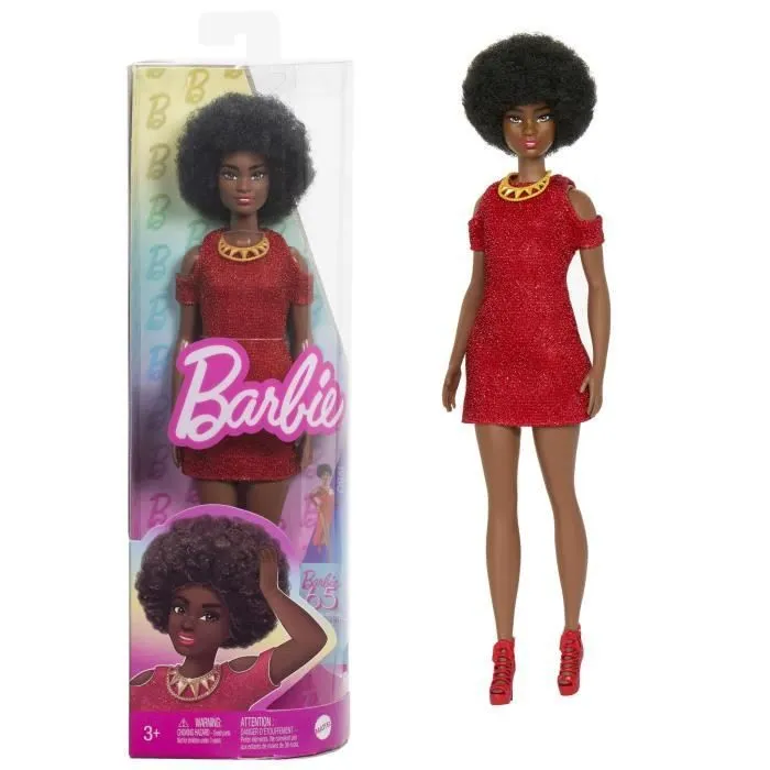 Barbie-Fashionistas 221-Poupée avec cheveux noirs et robe rouge HRH18-0