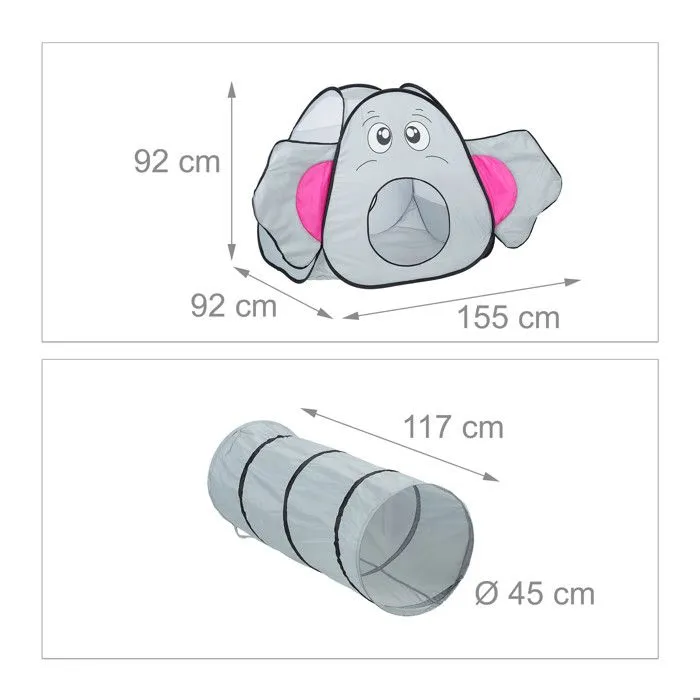 Relaxdays Tente pour enfants en forme d’éléphant, avec tunnel, HxLxP : 92 x 155 x 200 cm, intérieur et extérieur, grise-3