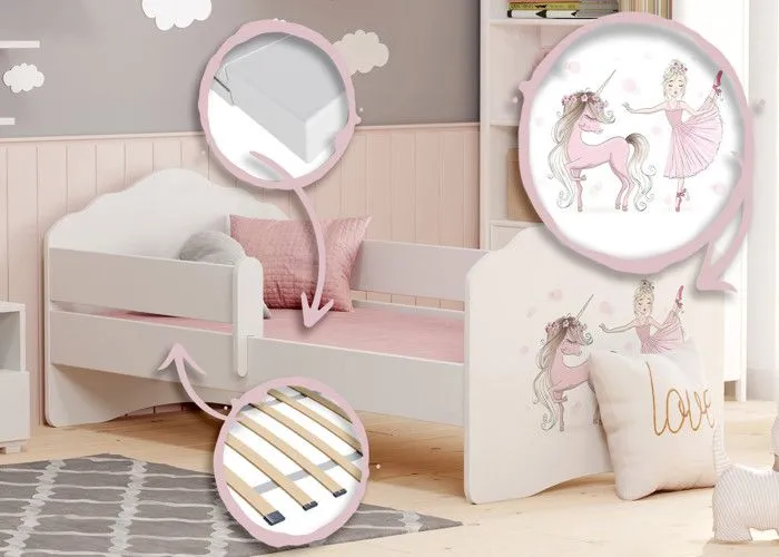 Lit enfant fille FIONA avec balustrade et matelas - Princesse et licorne roses - 140 cm x 70 cm-1