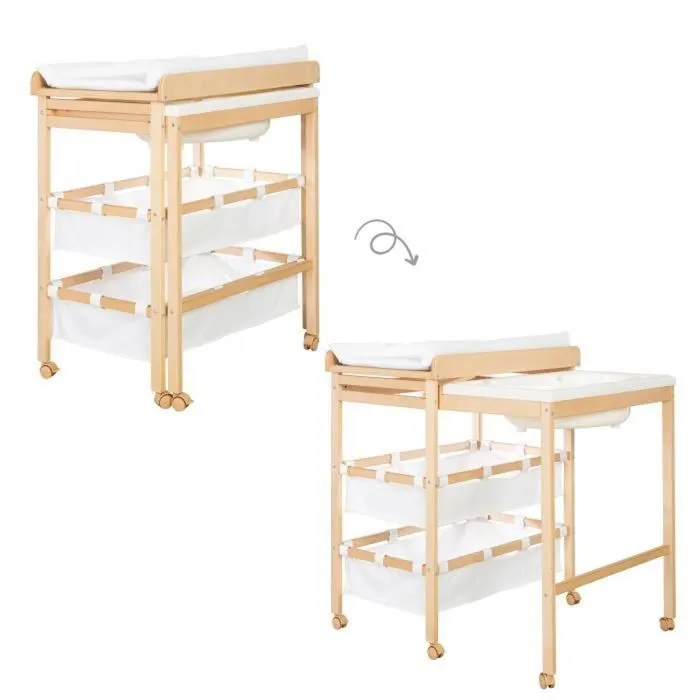 ROBA Table à Langer avec Baignoire Coulissante Baby Pool + Matelas à Langer Imperméable et Étagères en Tissu Blanc - Bois Naturel-0