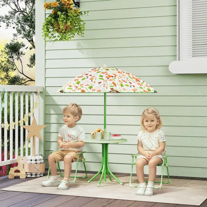 Ensemble salon de jardin extérieur enfant - AIYAPLAY - motif éléphant et girafe, parasol réglable Ø 100 cm, chaise pliable - vert-1