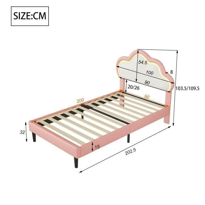 Lit enfant 90x200cm - Simili cuir - Rose - Tête de lit nuage LED - Rembourré - 1 place-3