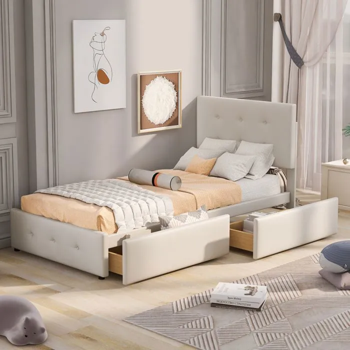Lit 90x200cm, lit d'enfant et d'adolescent, avec 2 tiroirs, sommier à lattes, tête de lit, pas matelas, tissu velours beige-0
