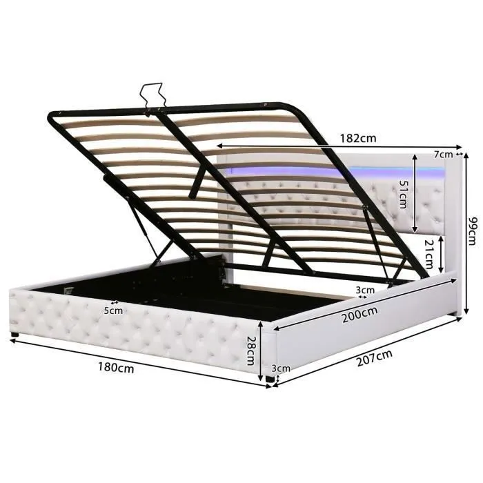 Lit coffre 180x200 cm avec sommier à lattes et LED, tissu PU, blanc-3
