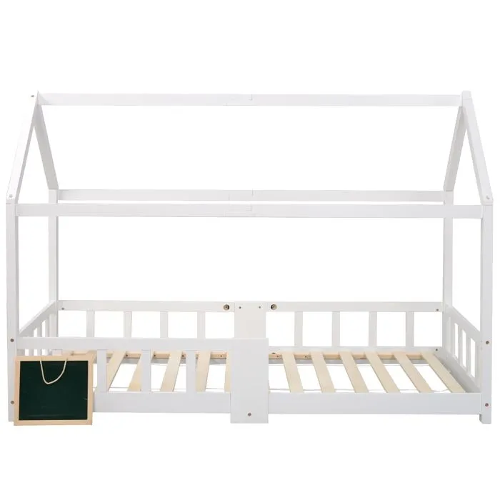 Lit cabane enfant 90x200 cm avec grille de protection + un tableau noir, en bois massif blanc-3