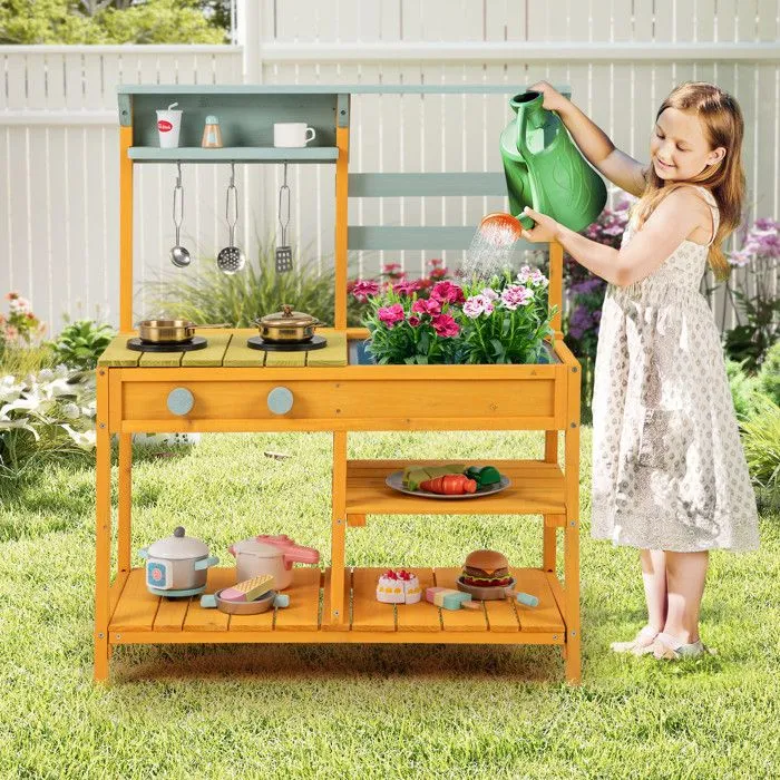 COSTWAY Cuisine Extérieure Dinettes à jouer pour Enfant 3 Ans+ en Bois de Sapin-0