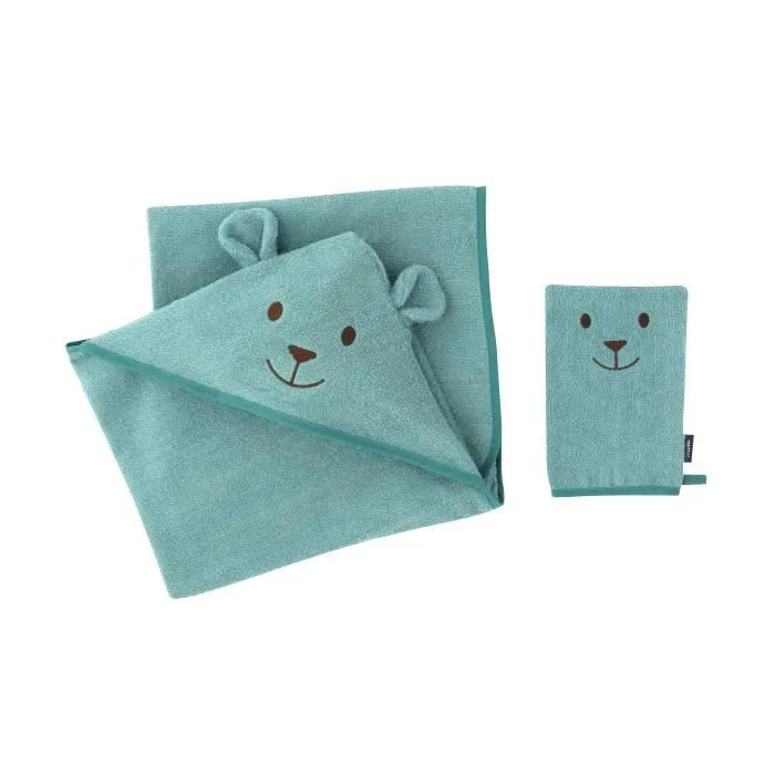 MAÏKA Coffret de bain - Cape + gant de toilette - Motif Ours bleu - Dès la naissance-0