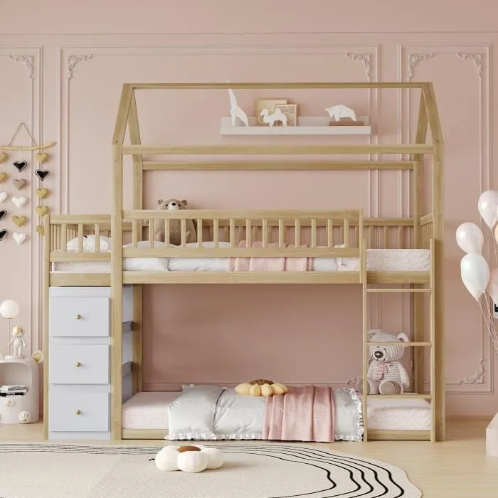 Lit superposé 90x200cm - lit cabane enfant avec 1x sommier à lattes, échelle et étagères de rangements - en bois massif, naturel-1