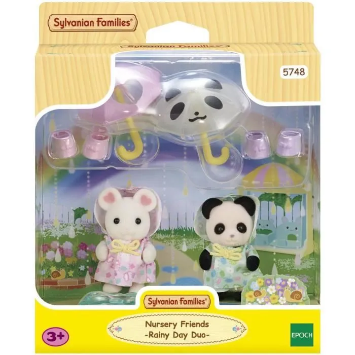 Figurines Articulées - SYLVANIAN FAMILIES - Duo Bébés en Habits de Pluie - Panda et Souris Marshmallow-1