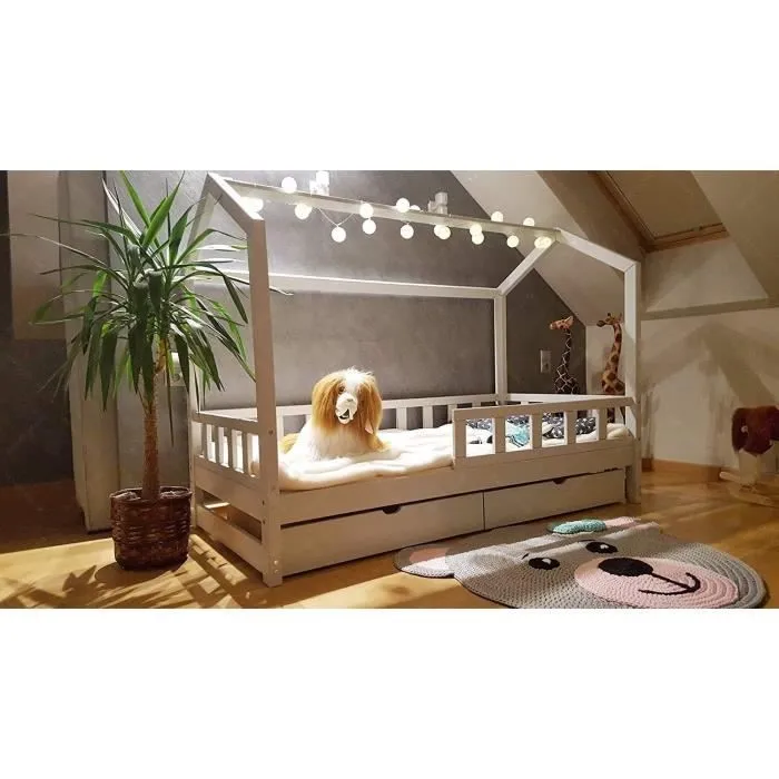 Lit Cabane - Oliveo - 200x120cm - Bois massif - Barrières amovibles - Style scandinave-0