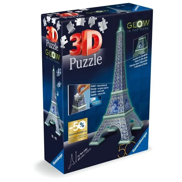 Ravensburger-Puzzle 3D Tour Eiffel phosphorescente 50 ans-Dès 10 ans-216p numérotées à assembler sans colle-Accessoires inclus-11591-5