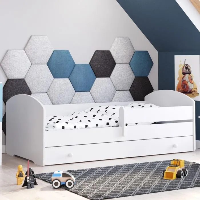 Lit enfant LUK 70x140 avec matelas sommier et tiroir, barrière de sécurité Blanc-0