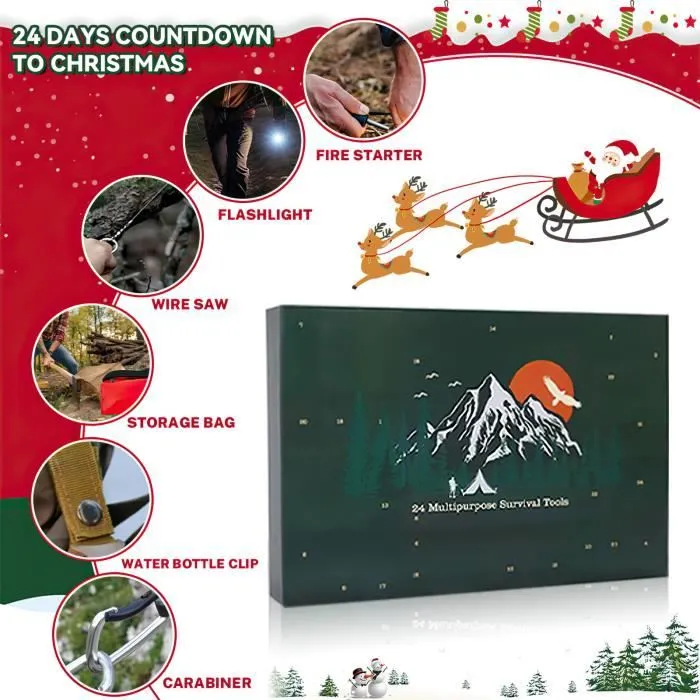 Calendrier de l'avent 2024 - Calendrier de l'Avent Kit de survie pour hommes, calendrier de l'Avent de Noël avec 24 outils de survie-3