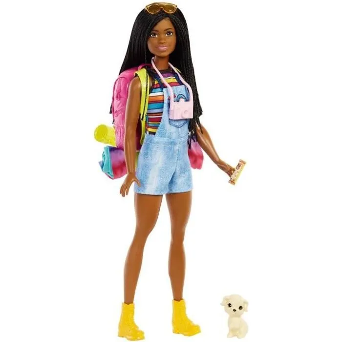 Barbie - Barbie Brooklyn Camping avec mini-figurine chiot, sac à dos, sac de couchage et accessoires - Poupée HDF74-0