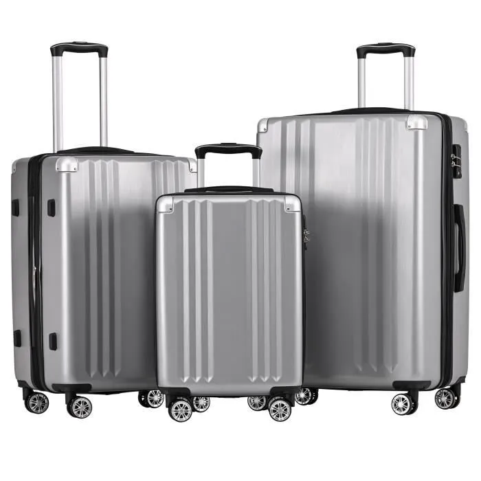 Set de 3 Valise Rigide Ensemble de Bagages à 4 roulettes Rigide -Serrure TSA Bagage Cabine - Gris Silver-0