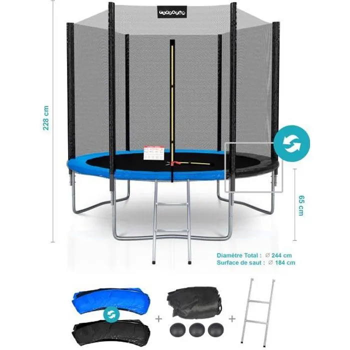 Trampoline ø244cm - 8FT Filet extérieur - Matelas réversible bleu et noir, Echelle - Deluxe-0