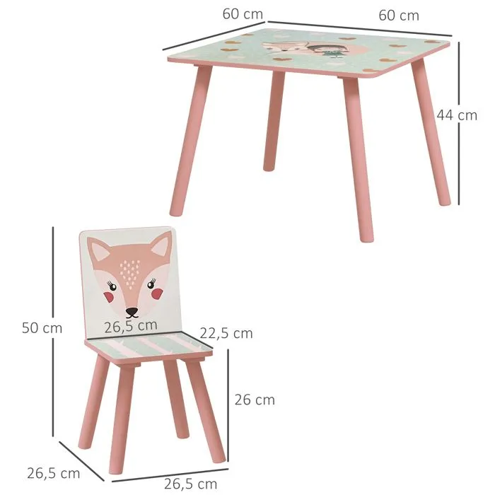 Ensemble table et chaises pour enfants - ZONEKIZ - motif animaux - pour chambre à coucher salle de jeux - pieds en bois - rose-3